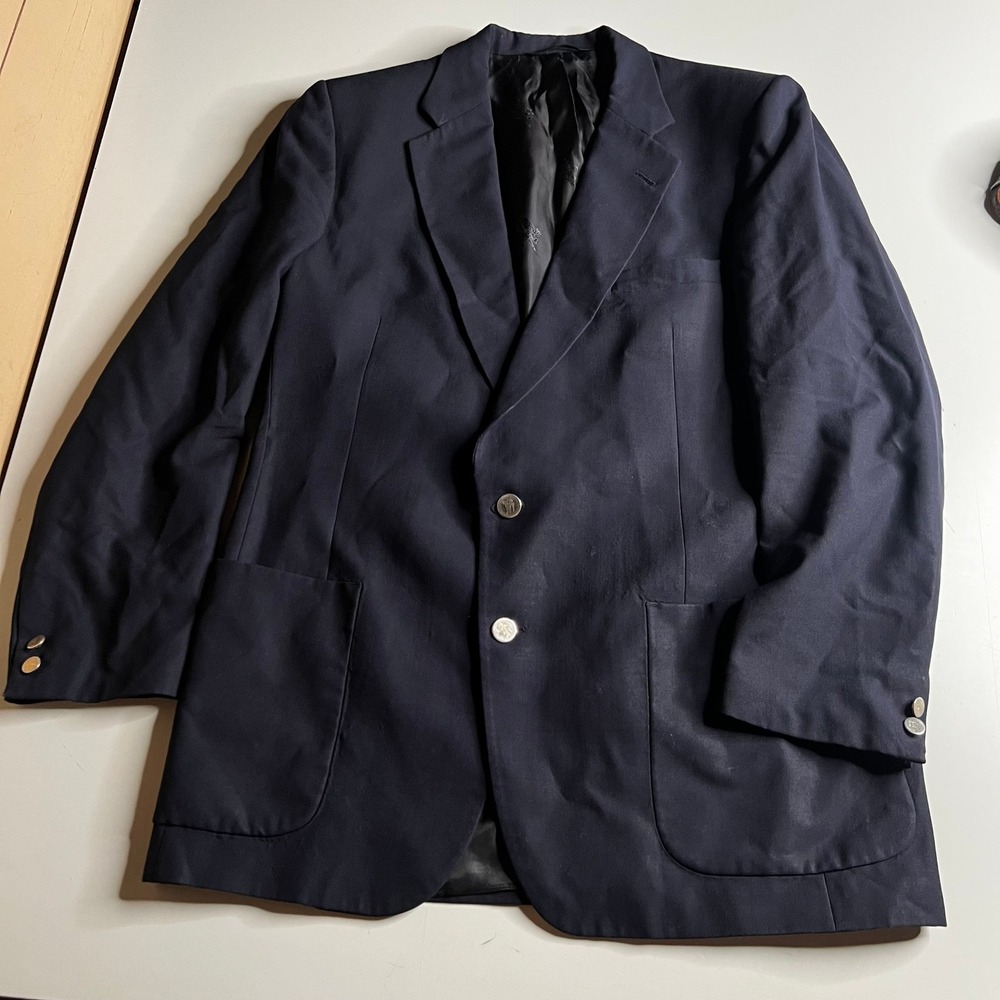 Burberrys Vintage Mens Navy Blue Wool‎ Blazer Silver Crest Buttons Rodes 42R